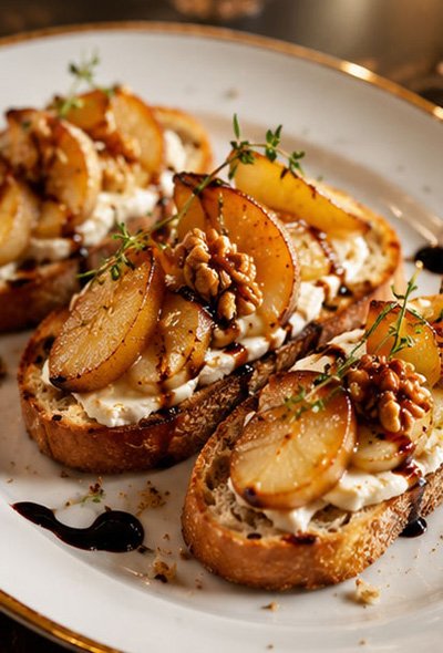 Bruschettas de pera caramelizada