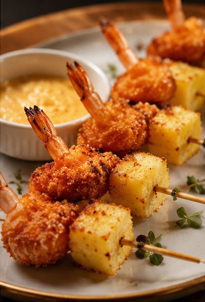 Espetinho de camarão, abacaxi e queijo (empanado e frito)