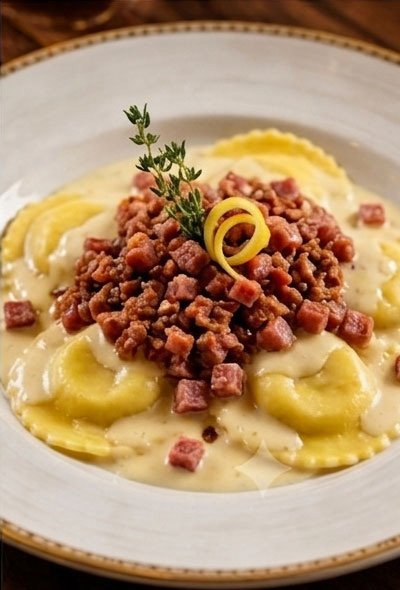Ravióli de limão siciliano com ragu de salaminho ao molho de catupiry